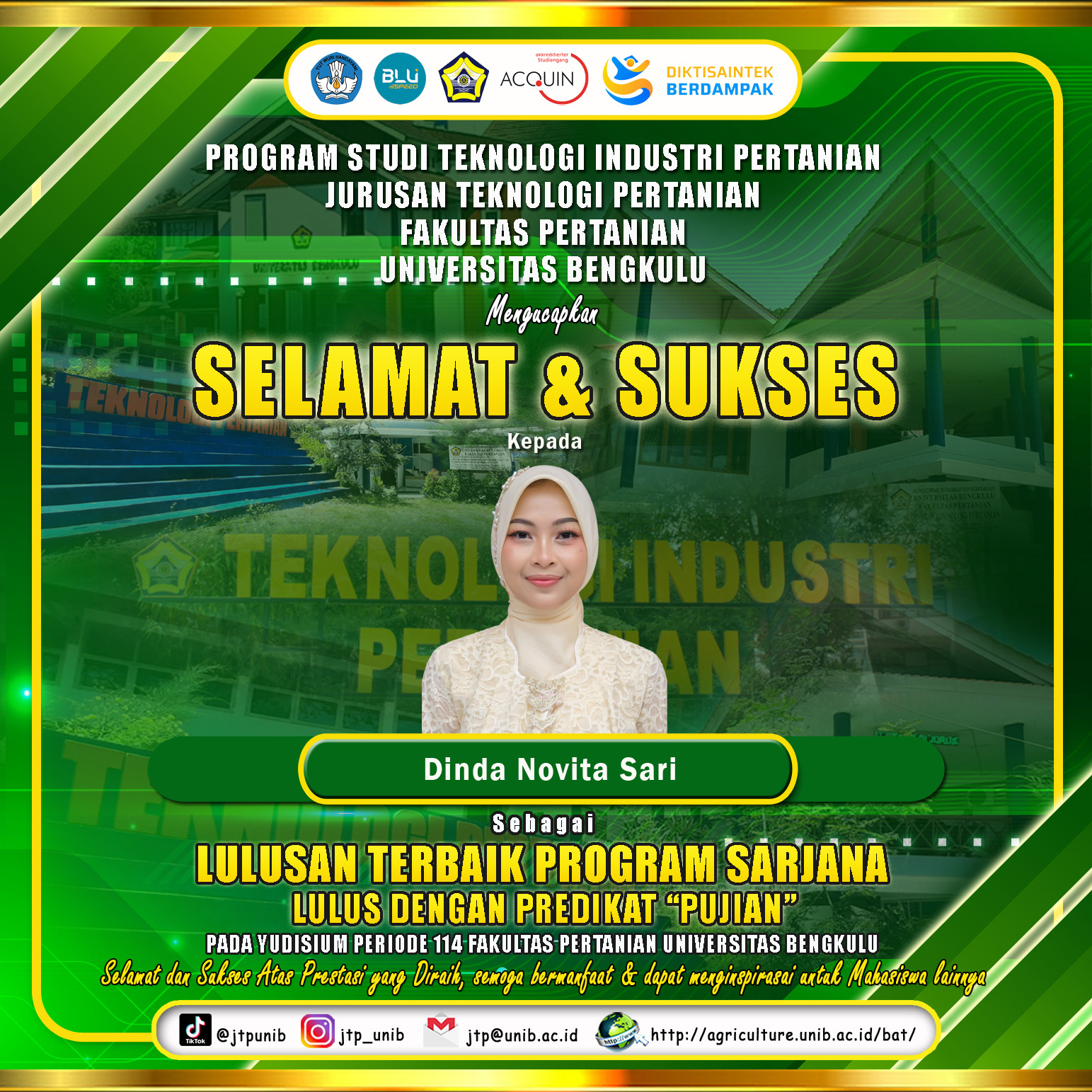Dinda Novita Sari, a student majoring in Agricultural Technology Becomes the Best Graduate of the Undergraduate Program at the Judiciary for the 114th Period of the Faculty of Agriculture
