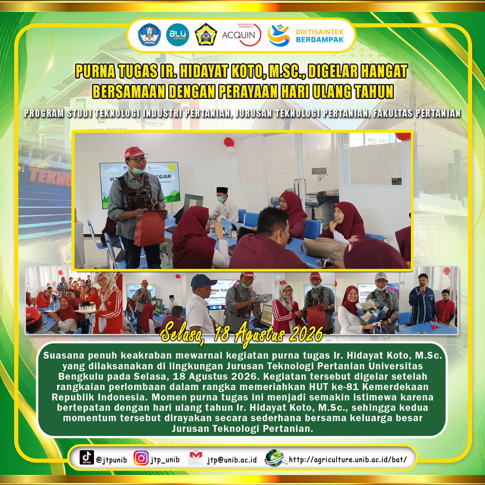 Ir. Hidayat Koto, M.Sc.’s Retirement Was Held Warmly in Conjunction with the Birthday Celebration