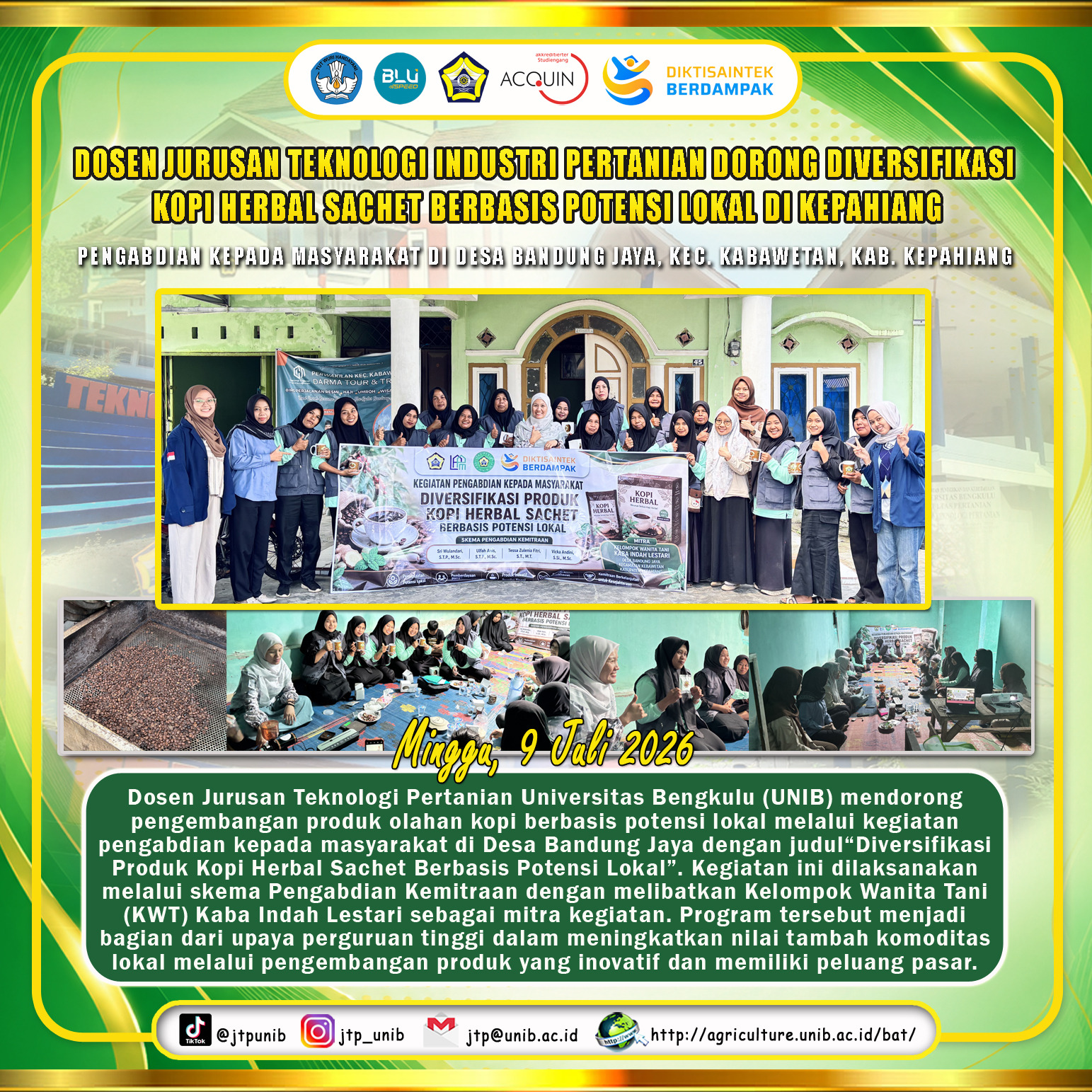 Lecturer of the Department of Agricultural Technology UNIB Encourages Diversification of Herbal Coffee Sachets Based on Local Potential in Kepahiang