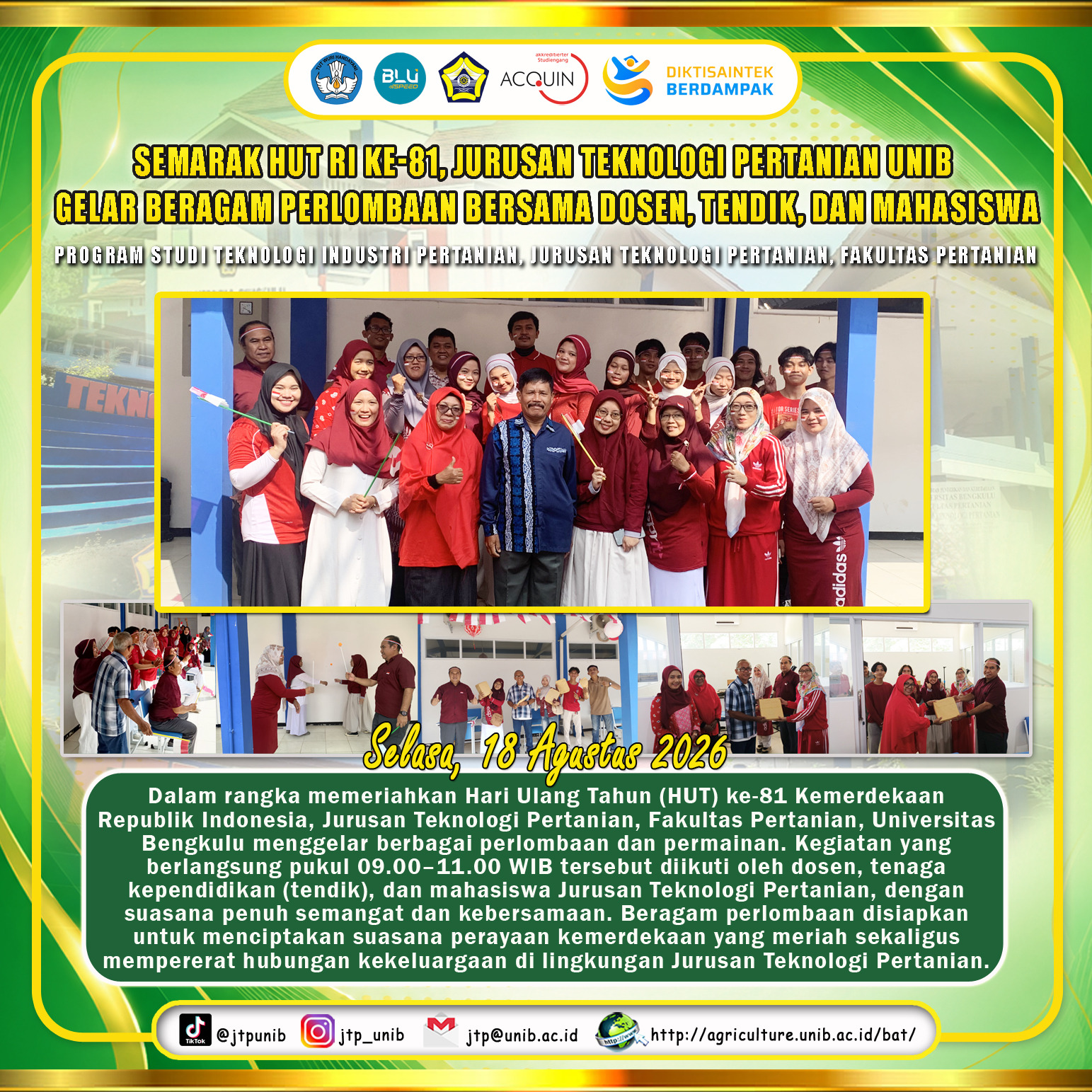Celebrating the 81st Indonesian Independence Day, the Department of Agricultural Technology UNIB Holds Various Competitions with Lecturers, Staff, and Students