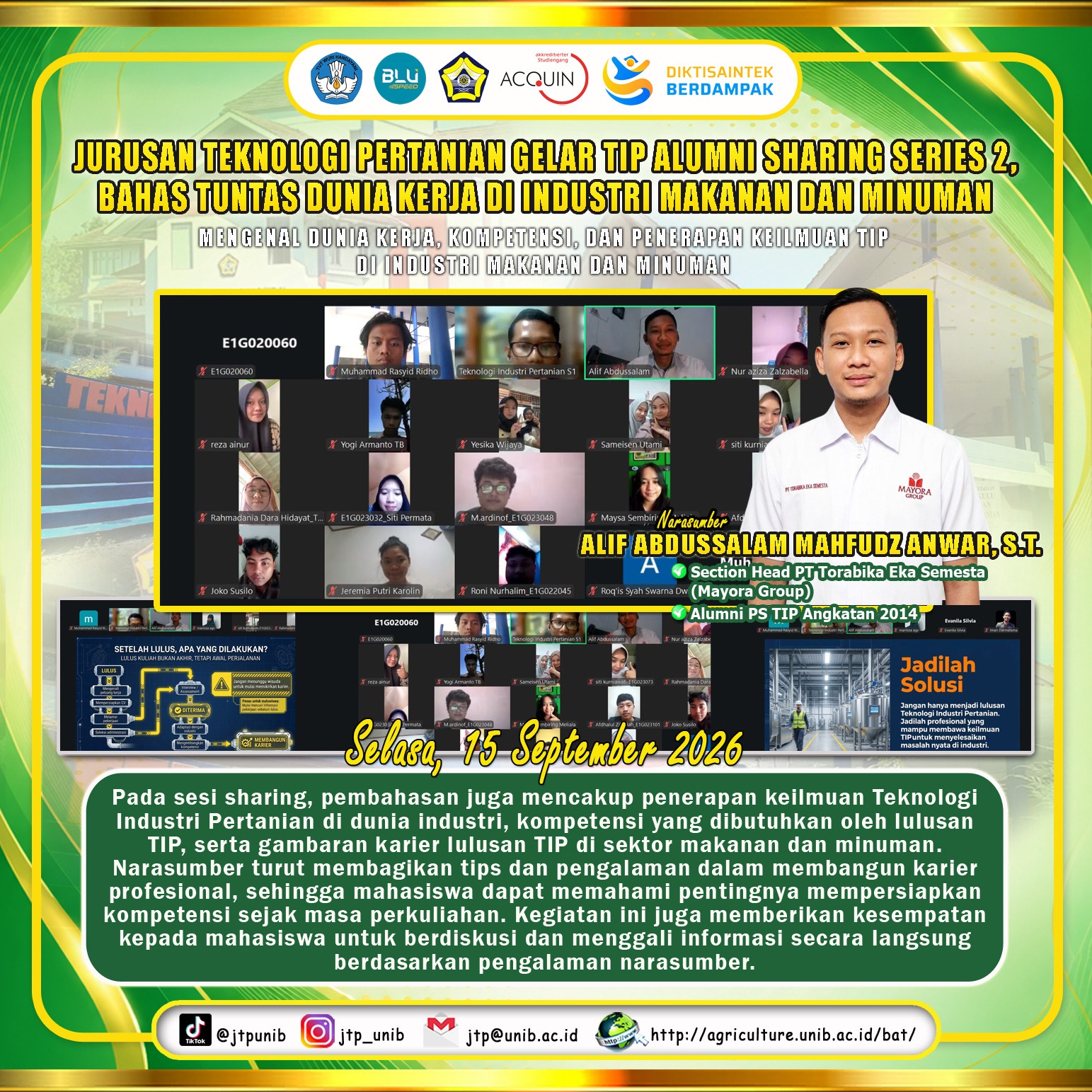 Department of Agricultural Technology, University of Bengkulu Holds TIP Alumni Sharing Series 2, Discussing the World of Work in the Food and Beverage Industry