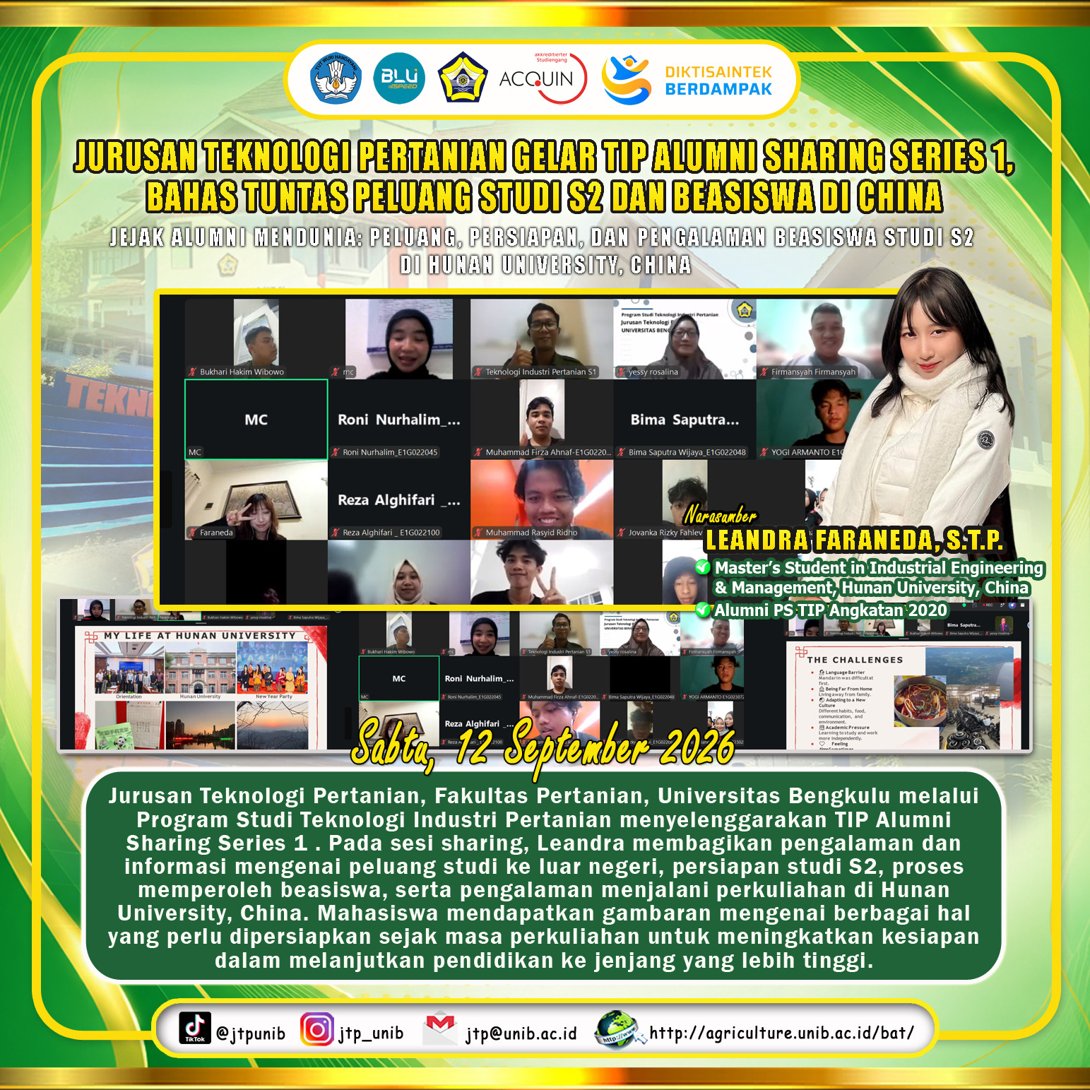 Department of Agricultural Technology, University of Bengkulu Holds TIP Alumni Sharing Series 1, Discusses S2 Study Opportunities and Scholarships in China