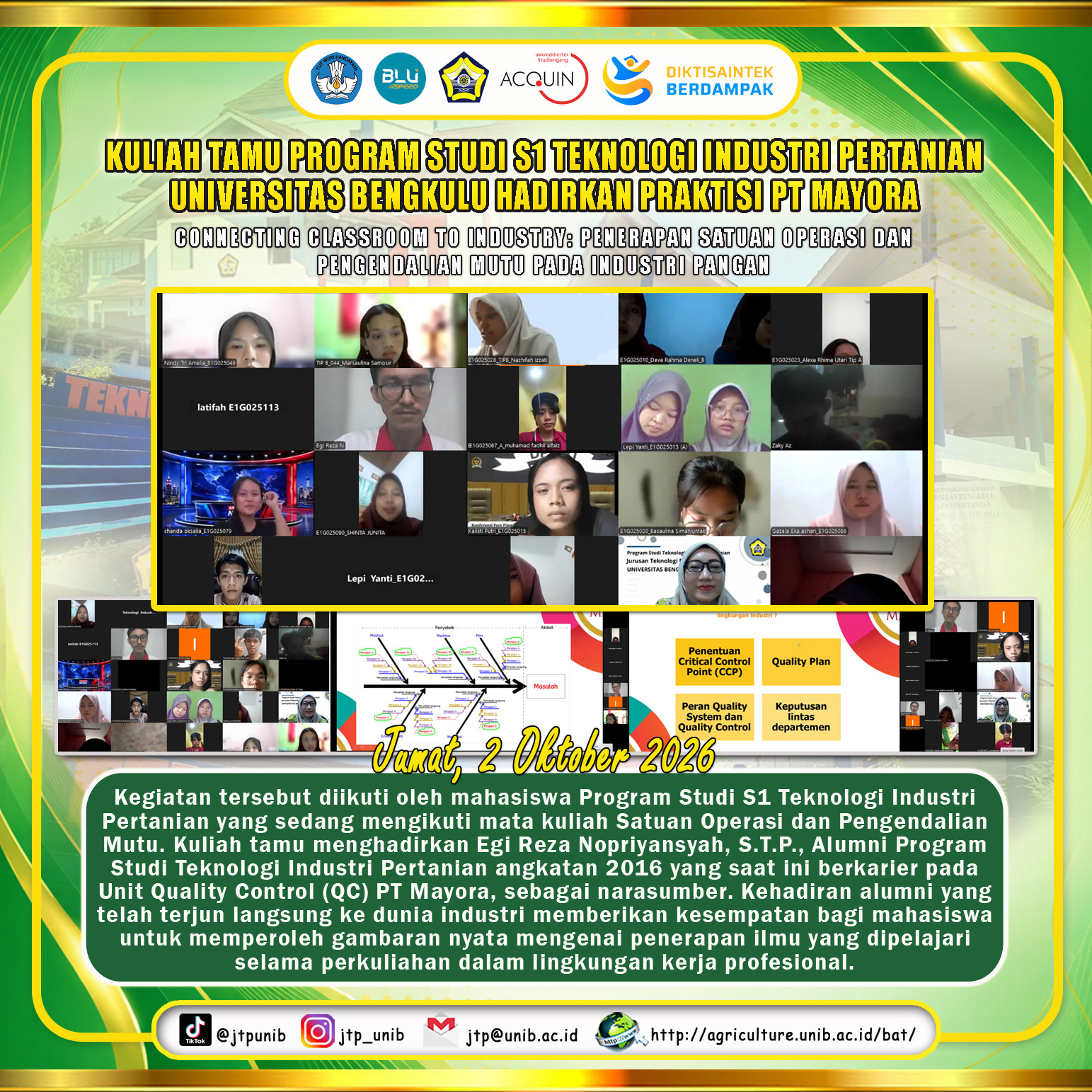 Guest Lecture of the S1 Agricultural Industrial Technology Study Program, University of Bengkulu Presents PT Mayora Practitioners