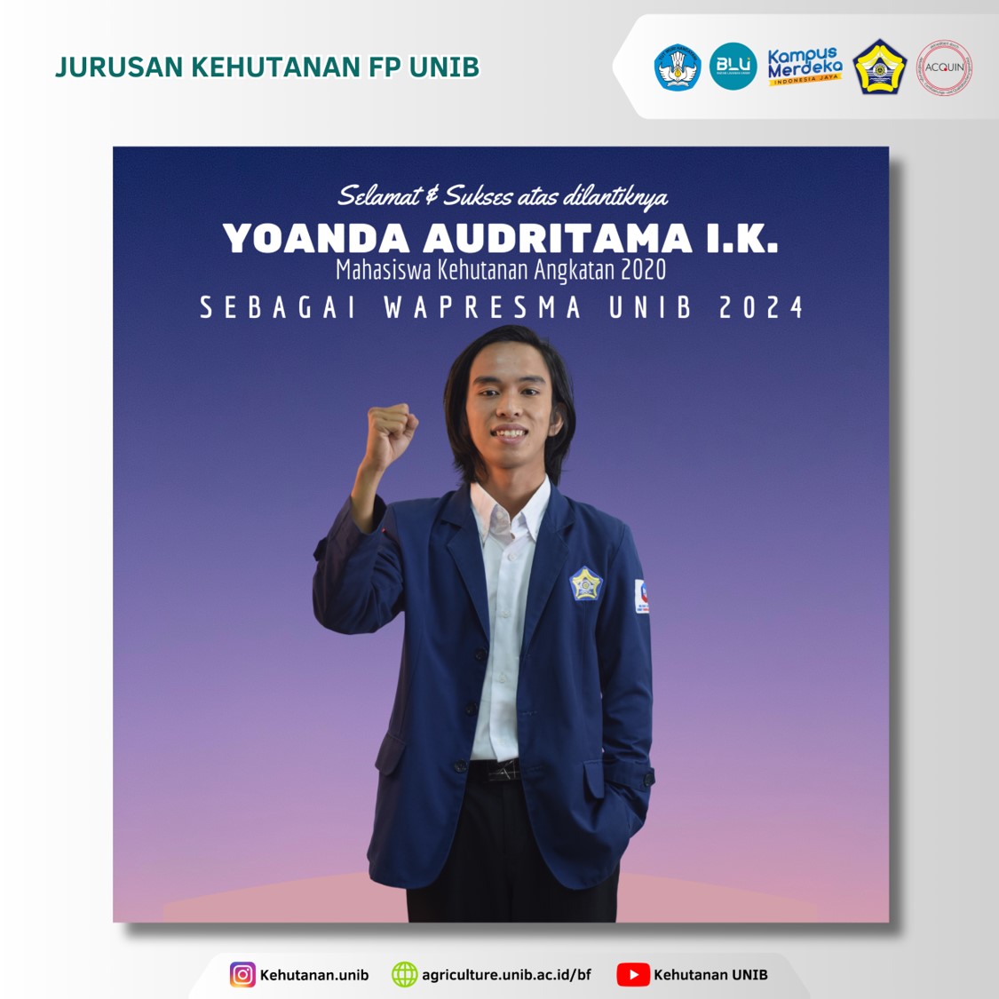 Yoanda Audritama, Forestry Student Class of 2020, was appointed as Vice President of the UNIB Student Executive Board 2024