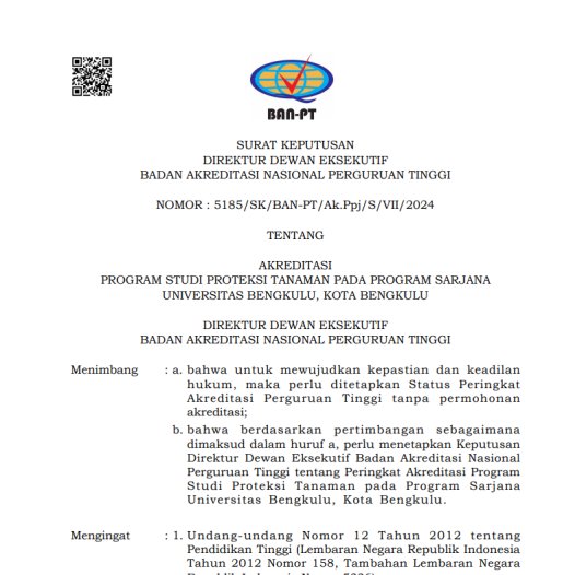 AKREDITASI PRODI S1 PROTEKSI TANAMAN UNIVERSITAS BENGKULU