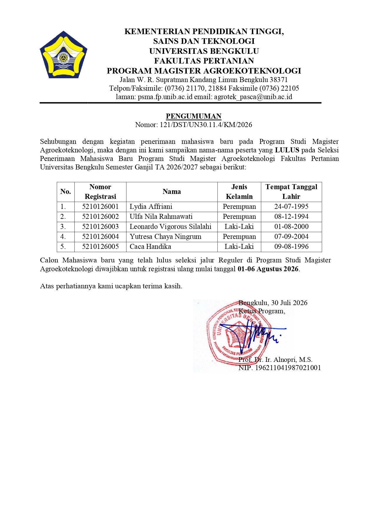PENGUMUMAN LULUS SELEKSI MAHASISWA BARU PRODI MAGISTER AGROEKOTEKNOLOGI PENGUMUMAN LULUS SELEKSI MAHASISWA BARU PRODI MAGISTER AGROEKOTEKNOLOGI