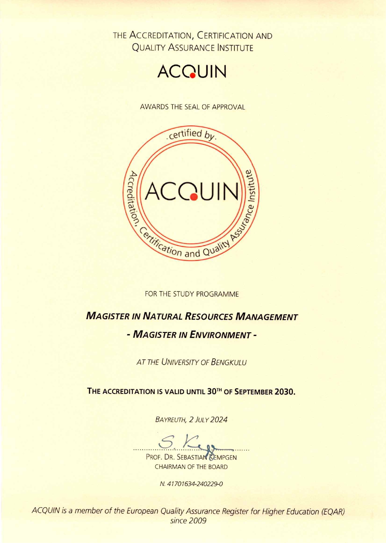 International Accreditation of Magister in Natural Resource Management Extended International Accreditation of Magister in Natural Resource Management Extended