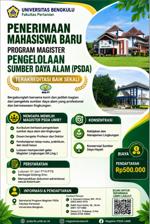 PENERIMAAN MAHASISWA BARU PROGRAM MAGISTER PENGELOLAAN SUMBER DAYA ALAM (PSDA)