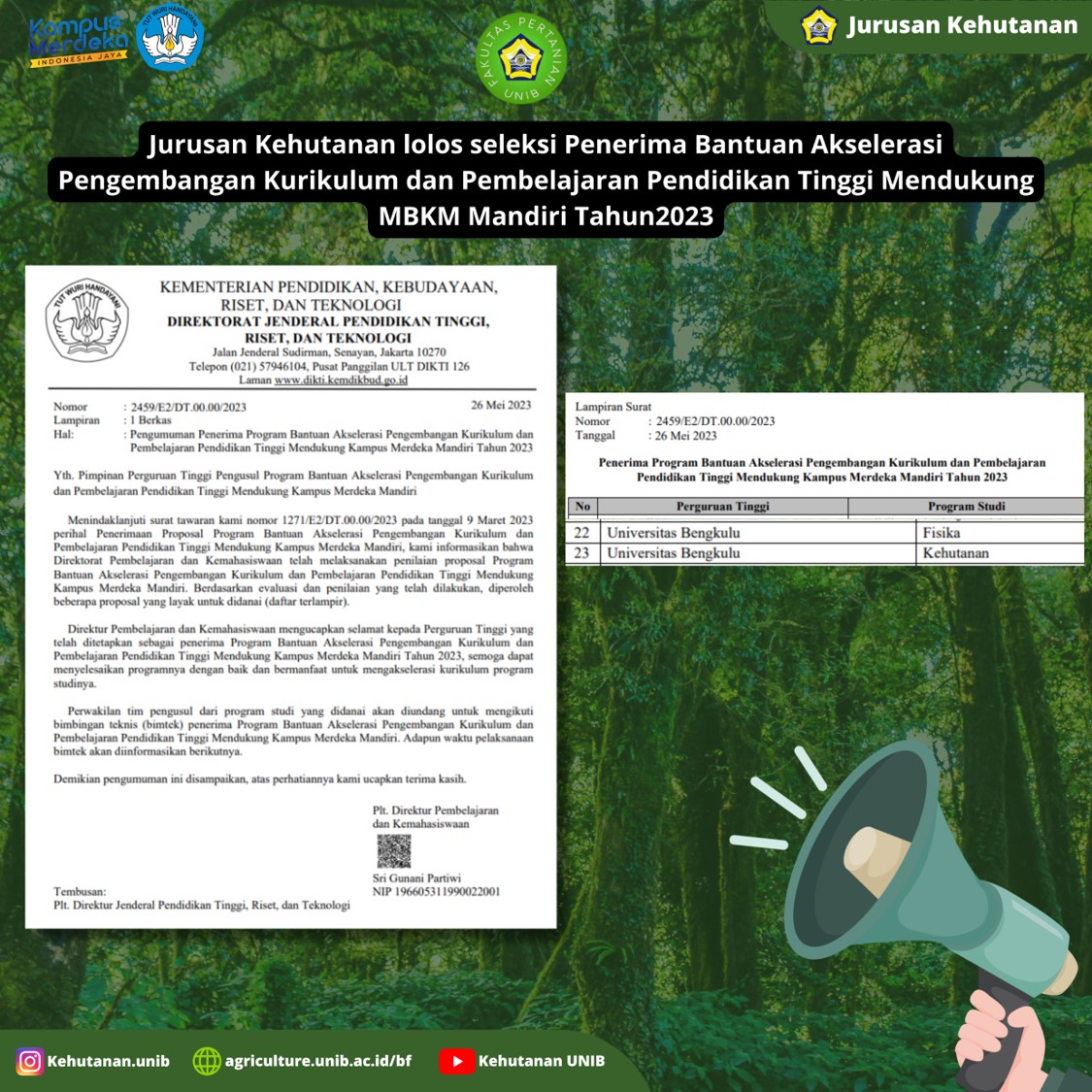 The Forestry Study Program of FP UNIB has obtained the Higher Education Curriculum Development and Learning Acceleration Assistance Program to support implementing the MBKM Mandiri Program 2023.