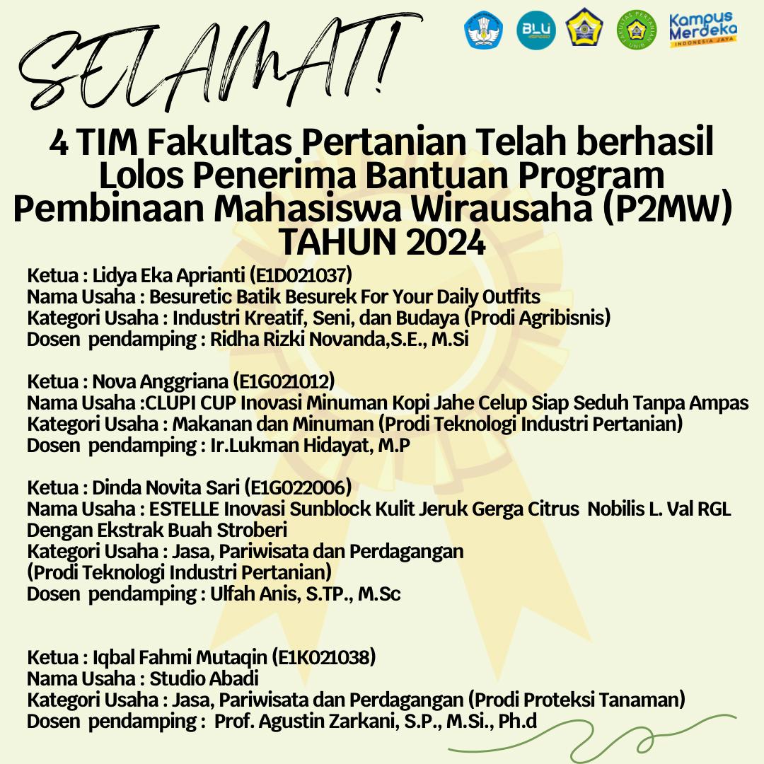 Congratulations to the 4 Outstanding Teams from the Faculty of Agriculture of UNIB for Receiving the 2024 P2MW Grant Congratulations to the 4 Outstanding Teams from the Faculty of Agriculture of UNIB for Receiving the 2024 P2MW Grant