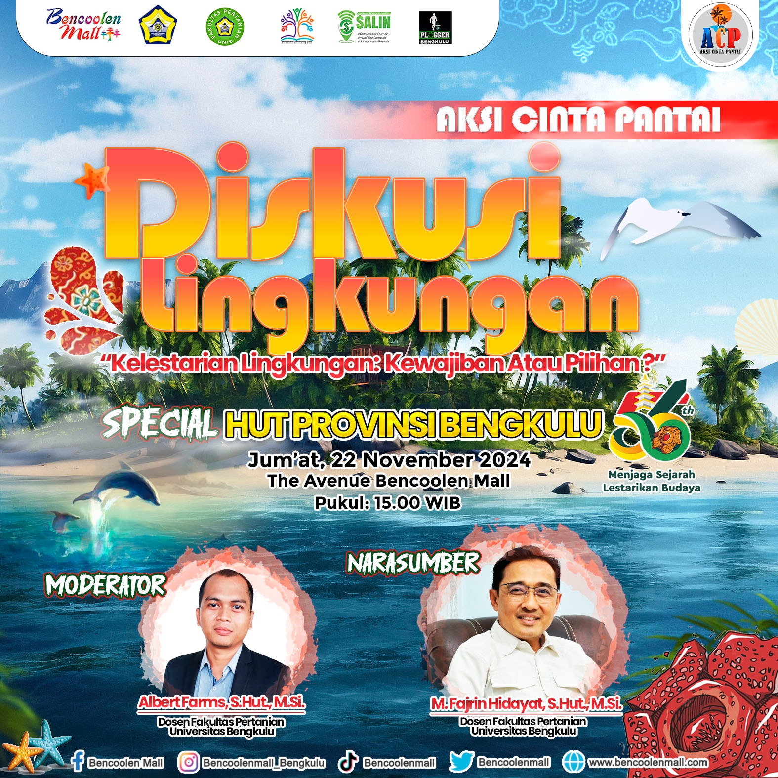 Faculty of Agriculture will hold an Environmental Discussion and Beach Cleanup Action in Celebration of the 56th Anniversary of Bengkulu Province. Faculty of Agriculture will hold an Environmental Discussion and Beach Cleanup Action in Celebration of the 56th Anniversary of Bengkulu Province.